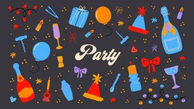 Parti için çeşitli çıkartmaların parti koleksiyonu. Şeker, tatil, doğum günü, disko. 90 'ların stili havalı hippi çıkartmaları. Vektör seti, trend stcikerler