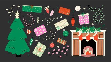 İskandinav karikatür tarzında yılbaşı çıkartmaları. Tatil hediyeleri, Noel Baba, Noel ağacı, samimiyet. Tatil hygge mevsimsel vektör şekilleri retro groovy tarzı