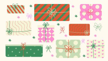 Hediye ya da hediye kutusu çizimi. Noel 'i (doğum günü) 90' ların karikatür retro tarzında hediye kutularıyla ayarla. Yeni yıl kutuları. Doğum günü hediyesi kutuları. Tatil etiketleri