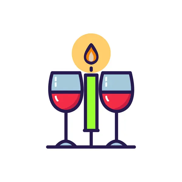 Wine Glasses and Candle Icon, Romantic Dinner, Date Night, Celebration, Vector Illustration.