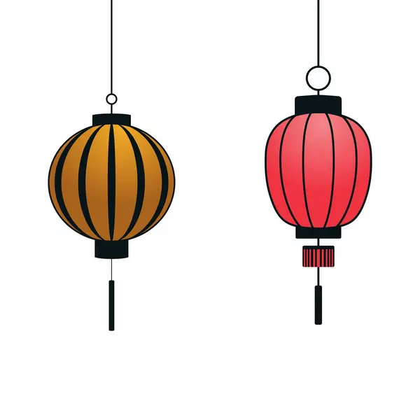 İki Çin Fenerleri, Kırmızı ve Sarı Gradyan, Asma Süslemeler, Vektör Kümesi.