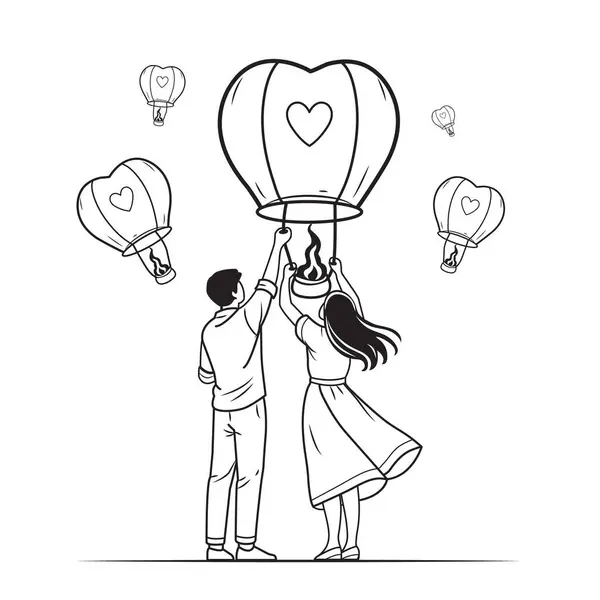 Kalp Balonları Çizgisi Sanatında Aşk Hava Çifti