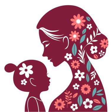 Beyaz Arkaplanda Çiçekli Anne ve Çocuk Görüntü Sanatı