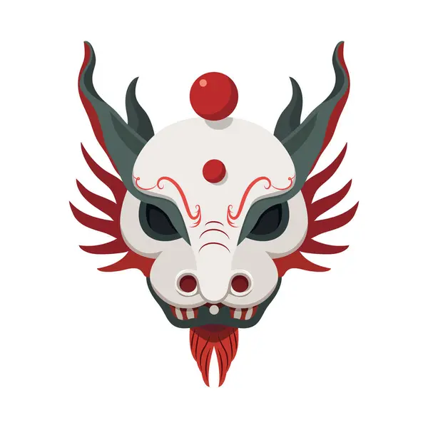 Vahşi ifade ve kırmızı aksan vektörlü geleneksel Japon onisi maskesi.
