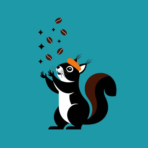 Mutlu Dünya Kahve Günü! Küçük şapkalı şakacı bir sincap kahve çekirdeklerini hokkabazlık yapıyor, sizi herkesin en sevdiği enerji verici içeceğin şenlikli kutlamasına davet ediyor..