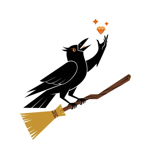 Mistik siyah bir karga, köylü süpürgesinde ustalıkla dengede durur. Kanatlarından birini yukarı doğru uzatarak havada çırpınan pırıltılı elmas taşlarını yakalamayı amaçlıyor..