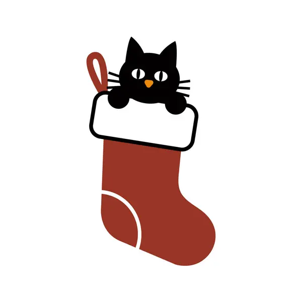 Oyuncu kara kedi, kırmızı bir Noel kutlaması, çorap vektör illüstrasyonundan gizlice bakıyor.