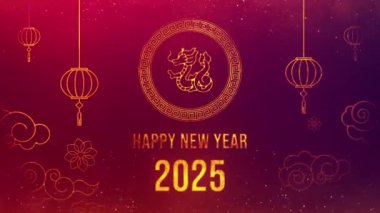 Çin Yeni Yılı 2025. Yılan Kutlama Yılı. Çin Yeni Yılı 2025, kırmızı zemin üzerinde altın bir yılan, havai fişek desenleri ve şenlik dilekleri var..