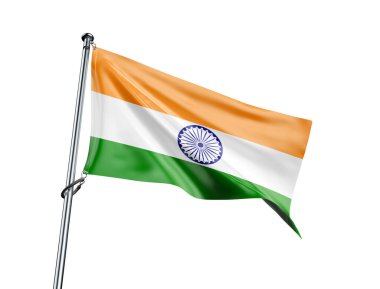 Beyaz arka planda dalgalanan rüzgarda dalgalanan bayrak direğinde Hindistan 'ın ulusal bayrağı. 3Söndürme.