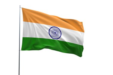 Beyaz arka planda dalgalanan rüzgarda dalgalanan bayrak direğinde Hindistan 'ın ulusal bayrağı. 3Söndürme.