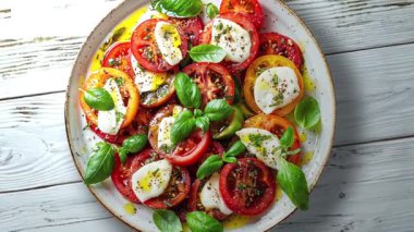 Olgun domatesli lezzetli caprese salatası, taze mozzarella ve fesleğen yaprağı..
