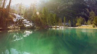 Güneş ışığını ve etrafındaki dağları yansıtan dağlık bir gölün çarpıcı manzarası..