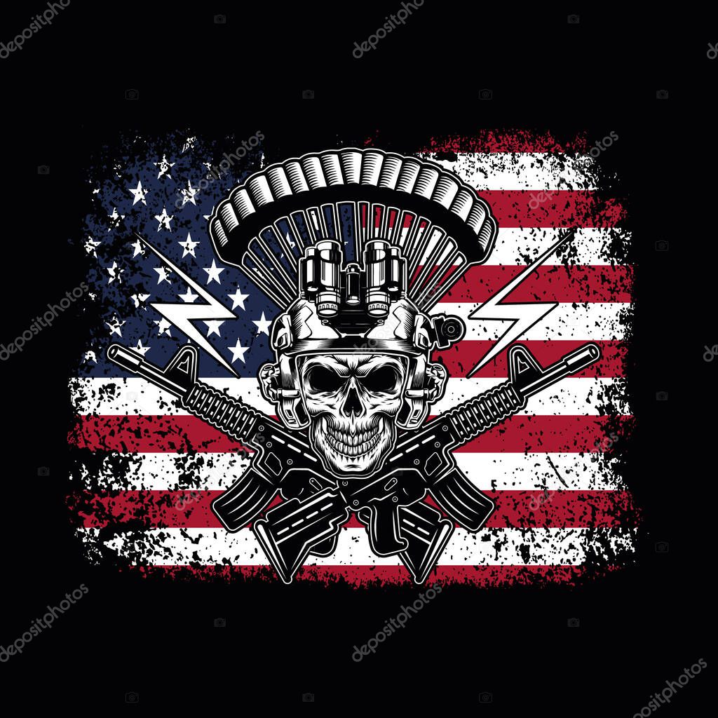 Bold and patriotic design featuring a skull with tactical gear, crossed rifles, and a distressed American flag background. Perfect for military-themed apparel and veteran merchandise.