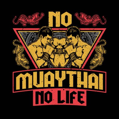 dynamic muay thai graphic design featuring two fighters in a bold vintage style, accented by tigers and vibrant colors, perfect for t-shirt, mug, hat designs, and combat sports-themed merchandise. clipart