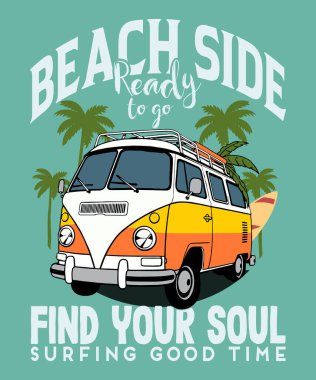 Antika bir sörf kampçısı, palmiye ağaçları ve tipografi içeren retro plaj minibüsü tişörtü tasarımı. Yaz aşıkları, sörfçüler ve giysi ve eşya peşinde koşan maceraperestler için mükemmel. Yaz tişörtü.