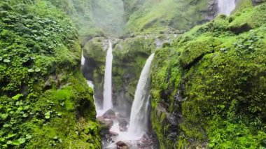 Lush Green Canyon 'da üçlü şelale şelalesi 124; Majestic Aerial Nature shot