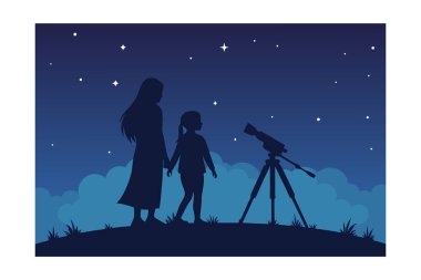 Anne-kız-siluet-yıldızlı-gece 