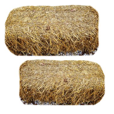 Oturmak için saman balyası ve beyaz arkaplanda izole edilmiş parti dekorasyonu