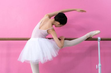 Bir kız bale öğrencisi pembe ve beyaz bir geçmişle evde bale yapıyor.