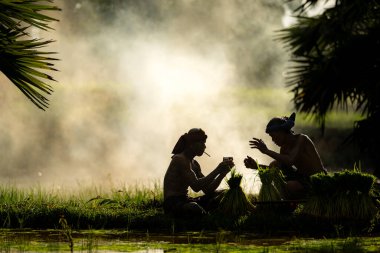 Bir çiftçi mola veriyor ve toprakta sigara içiyor.