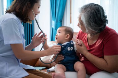 Küçük bir çocuk ve ailesi rutin bir sağlık kontrolü için doktoru ziyaret ediyor.