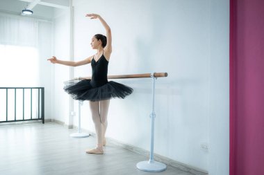 Kız bir bale öğrencisi beyaz bir geçmişle evde bale yapıyor.