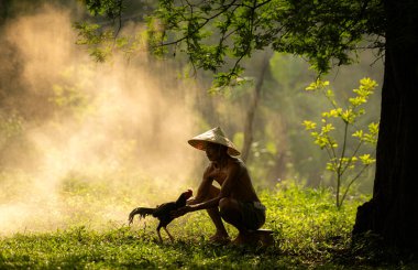 Köylüler yarışma için horoz dövüşü yapıyor.
