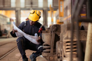 Üniformalı ve miğferli demiryolu teknisyeni tren atölyesindeki lokomotiflerden çıkarılan tren tekerleklerini inceleyin..