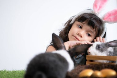 Easter bunny fun with little children the beauty of friendship between humans and animals clipart