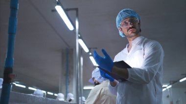 Hammadde kalitesi müfettişleri balık parçalarını konserve balık üretim sürecine girmeden önce değerlendirir ve inceler.