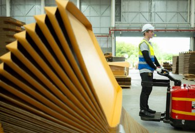 Genç bayan depo çalışanı depodaki karton kutuları kontrol ediyor ve sayıyor..