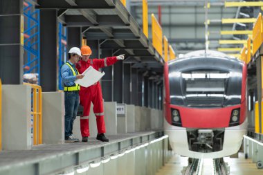 Elektrikli tren tamir atölyesine park edildikten sonra, elektrikli tren mühendisi ve teknisyeni, denetim turuna uygun olarak demiryolu ve elektrik trenlerini teftiş ediyor.