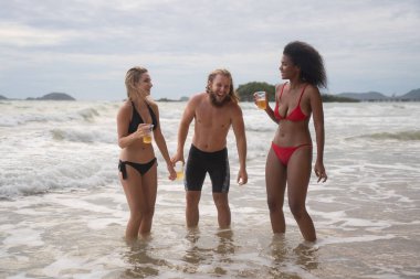 Bir grup arkadaş sahilde eğleniyor. Genç kadınlar sahilde eğleniyor..