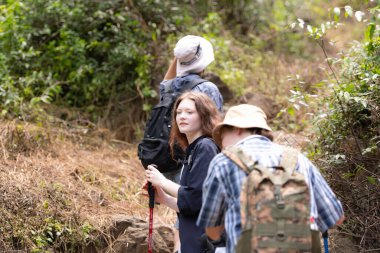 Ormanda güneşli bir günde bir grup arkadaş Sırt çantası ve yürüyüş direkleri ile genç grup yürüyüşçüsü