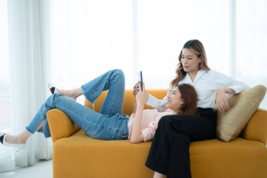 LGBT çifti koltukta oturuyor ve evde dizüstü bilgisayar kullanıyorlar..