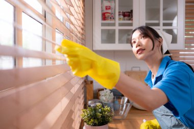 Asyalı genç bir kadın mutfağın penceresini temizliyor. ev işi kavramı