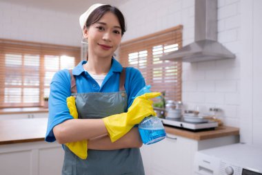 Asyalı ev hanımı. Mutfakta temizlik bezi ve sprey şişesi var.