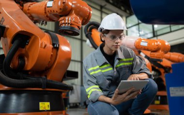 Kadın bir mühendis robot deposundaki robot koluna bir program yüklüyor. Makineyi müşteriye göndermeden önce işlemi test edin.