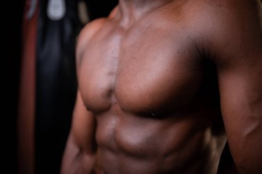 Yabancı boksörlerin kaslı karın kasları, Muay Thai, Tayland dövüş sanatıdır, yumruklar, ayaklar, dizler, dirsekler gibi..