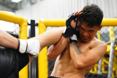 Karışık dövüş sanatı, boynuna tekme atan bir boksör rakibinin boğazını tekmeler..