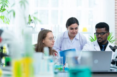 Üniversite bilim laboratuvarında, araştırmacılar kenevir bitkileri üzerinde yapılan çalışmaları analiz ediyor ve tıbbi esrar yaprakları üzerinde kimyasal deneyler yapıyorlar..