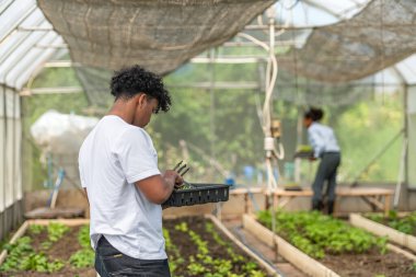 Bir serada filizlenen filizlenmeyi tartışan ve elinde tepsiler dolusu filizle sürdürülebilir tarım yapmayı öğrenen iki genç insan.