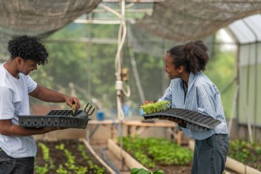 Bir serada filizlenen filizlenmeyi tartışan ve elinde tepsiler dolusu filizle sürdürülebilir tarım yapmayı öğrenen iki genç insan.