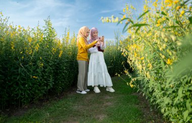 Yerel bir parkta tatilin tadını çıkaran iki genç Müslüman kadın.