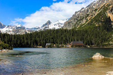 Slovakya 'daki High Tatras' ta Poprad Gölü manzaralı muhteşem bahar dağları..