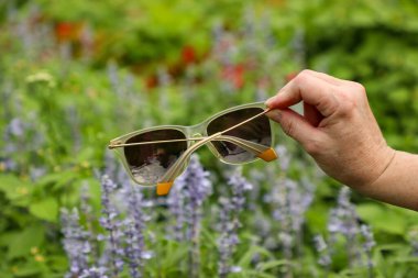 Woman holding sunglasses in her hands against a background of purple flowers and green grass, blurred background clipart