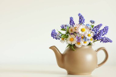 Çiçekli, güzel bahar kompozisyonu papatyalar ve diğer kır çiçekleri açık bir arka planda çaydanlıkta..