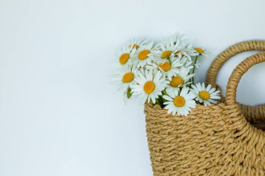 Temiz bir arka planda içi taze beyaz papatyalarla dolu Rustik örülü saman torbası. Yaz, doğa, kırsal, minimalist estetik, boho yaşam tarzı veya çevre dostu yaşam konseptleri için mükemmel.