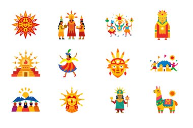  İnti Raymi Simge Koleksiyonu Renkli And Festivali Sembolleri, Canlı Andean Kültür Simgeleri İnka Gelenekleri, Sembolleri ve Şenlikli Kutlamalar