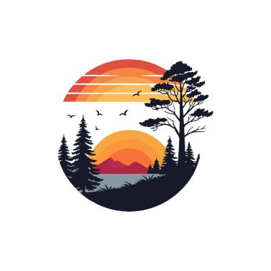 Gün batımı silueti logo vektör çizgisi sanat logosu tasarımı